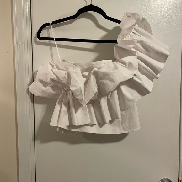 Rare! Zara Blogger White Cotton Poplin Ruffle One Shoulder Bustier Top S - Picture 5 of 11